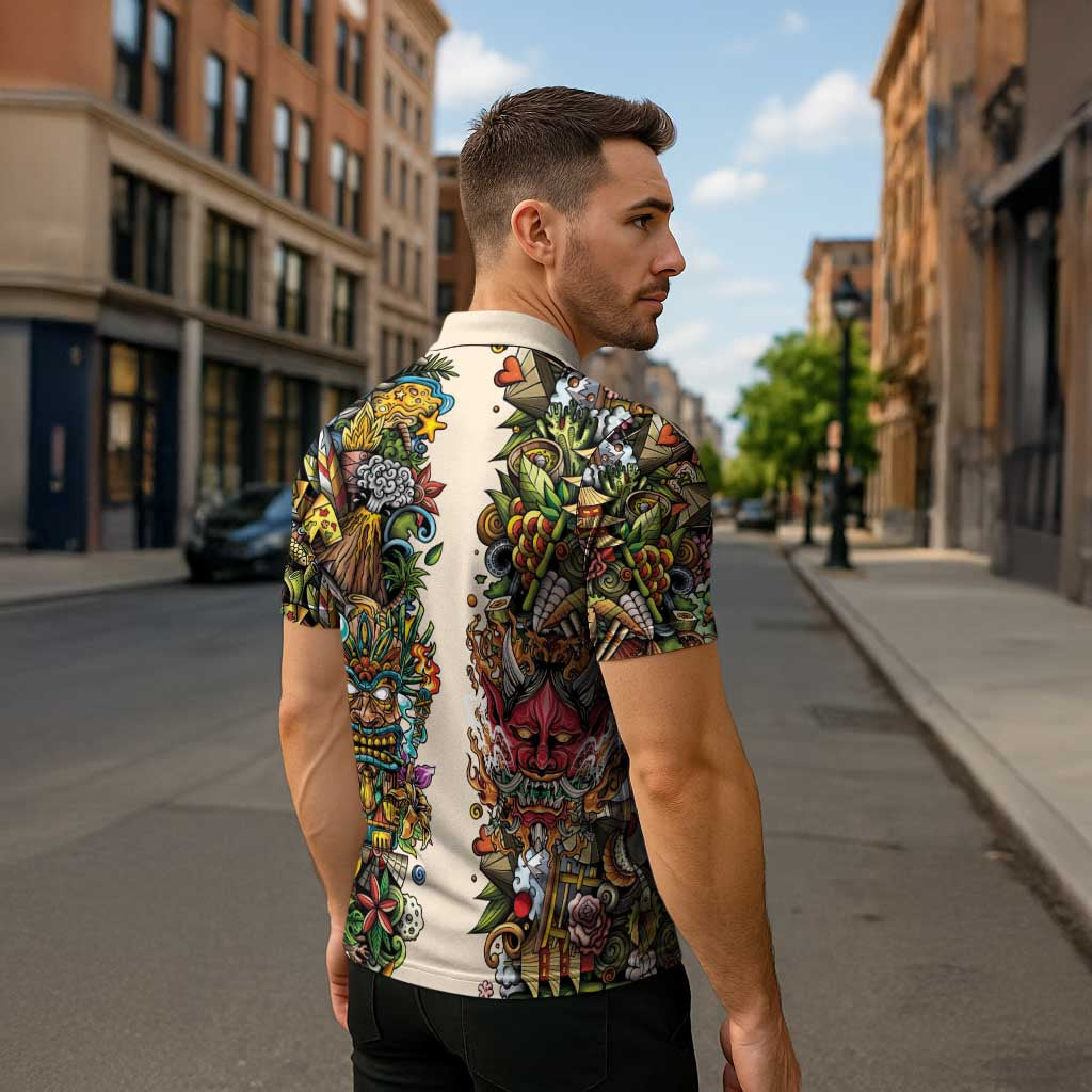 Hawaii And Japan Zipper Polo Shirt Tiki With Oni Mask - Polynesian Pride