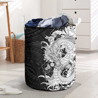 Hawaiian And Japanese Culture Laundry Basket Irezumi Dragon With Polynesian Pattern Black - Polynesian Pride