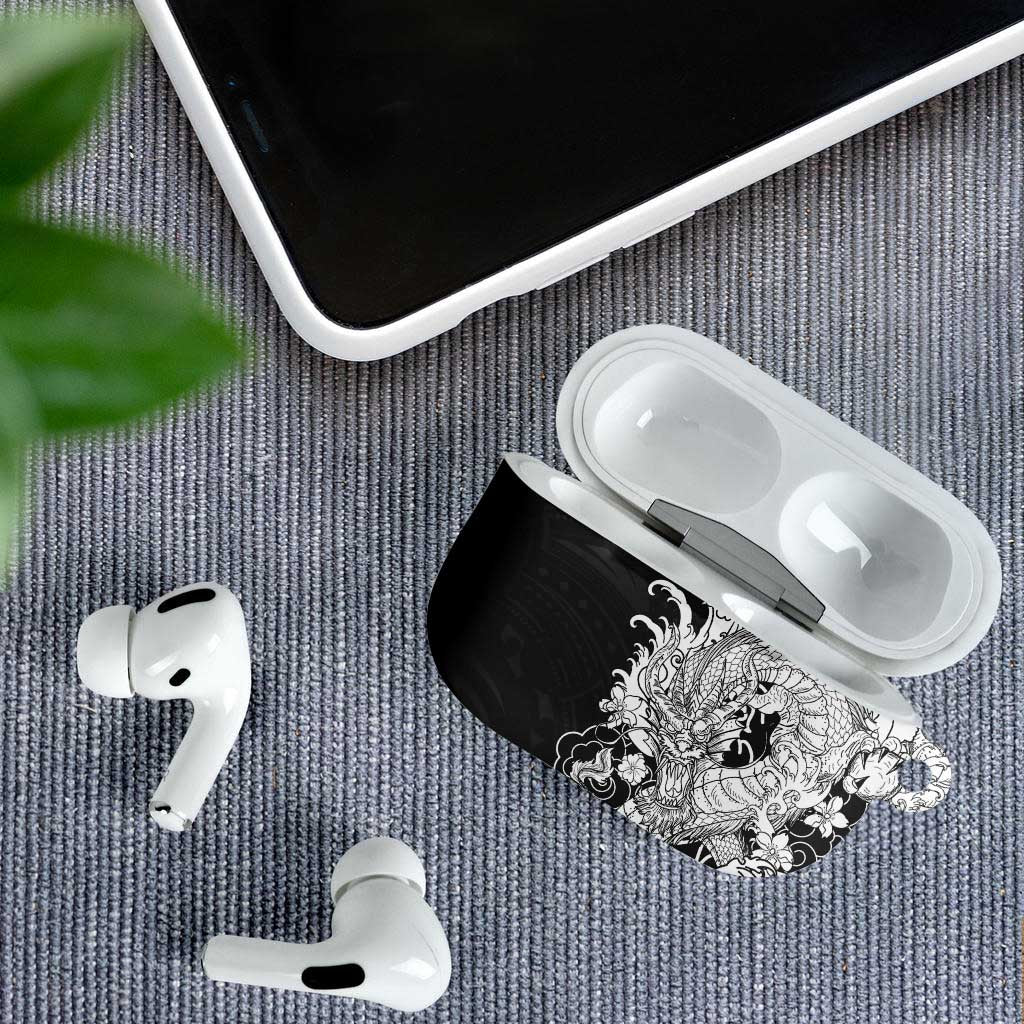 Hawaiian And Japanese Culture AirPods Case Irezumi Dragon With Polynesian Pattern Black - Polynesian Pride