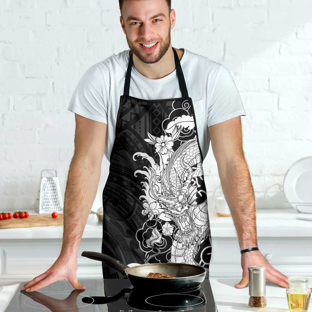 Hawaiian And Japanese Culture Apron Irezumi Dragon With Polynesian Pattern Black - Polynesian Pride