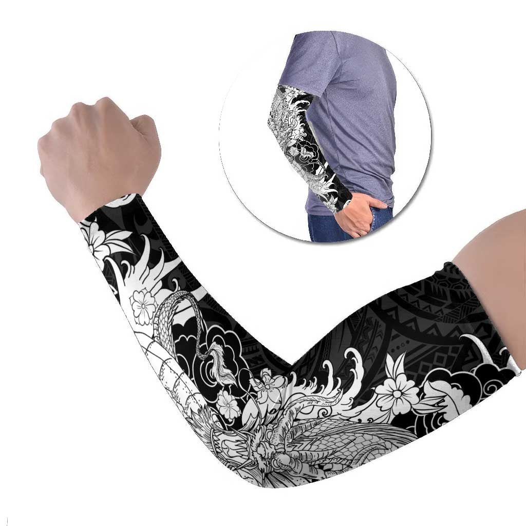 Hawaiian And Japanese Culture Arm Sleeves Irezumi Dragon With Polynesian Pattern Black LT05 Set of 2 Black - Polynesian Pride