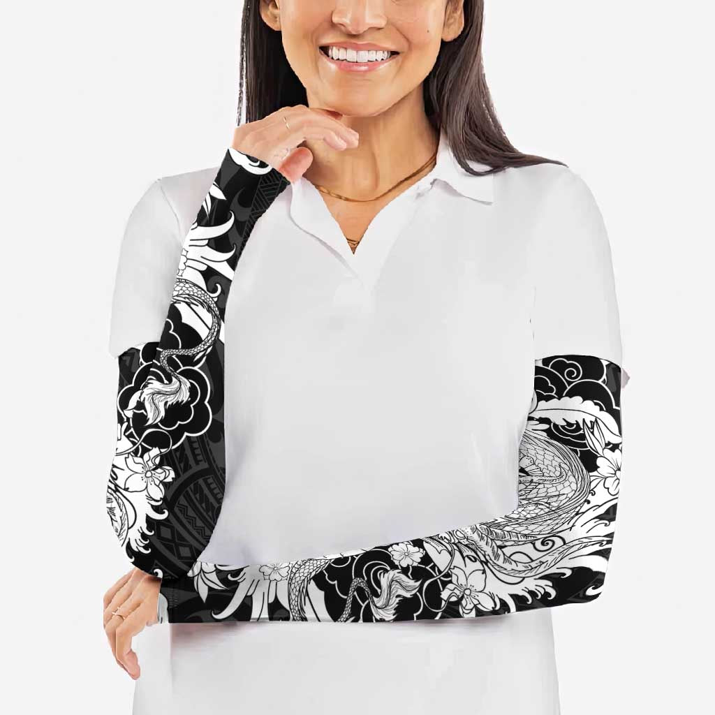 Hawaiian And Japanese Culture Arm Sleeves Irezumi Dragon With Polynesian Pattern Black - Polynesian Pride