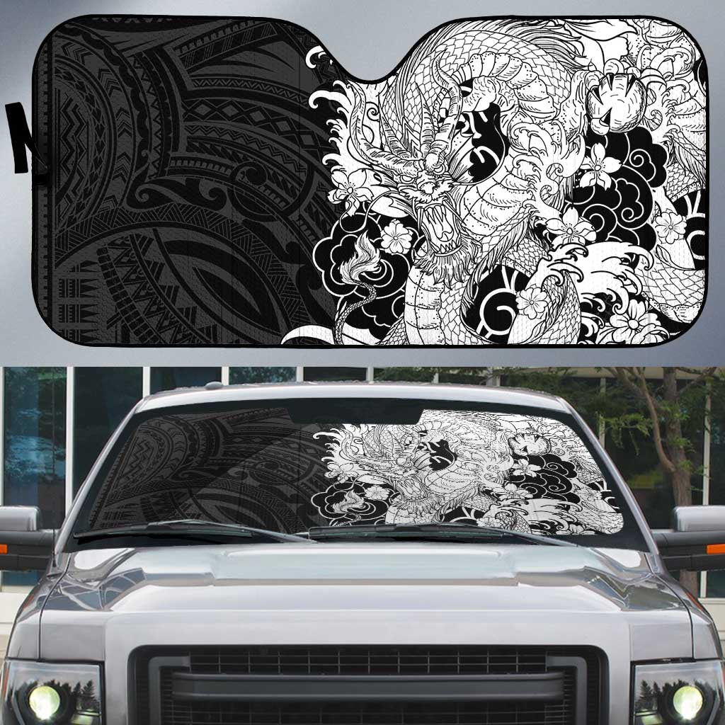 Hawaiian And Japanese Culture Auto Sun Shade Irezumi Dragon With Polynesian Pattern Black - Polynesian Pride