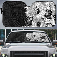 Hawaiian And Japanese Culture Auto Sun Shade Irezumi Dragon With Polynesian Pattern Black - Polynesian Pride