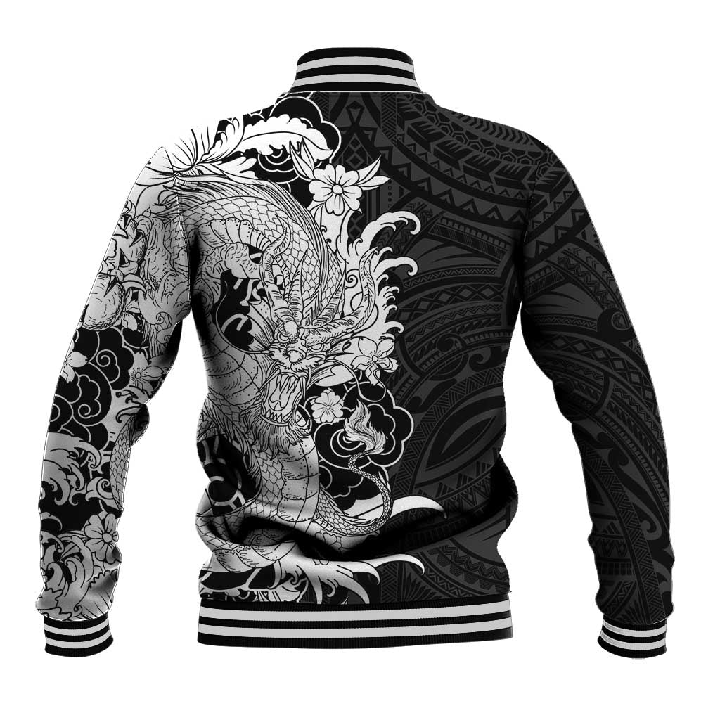 Hawaiian And Japanese Culture Baseball Jacket Irezumi Dragon With Polynesian Pattern Black - Polynesian Pride