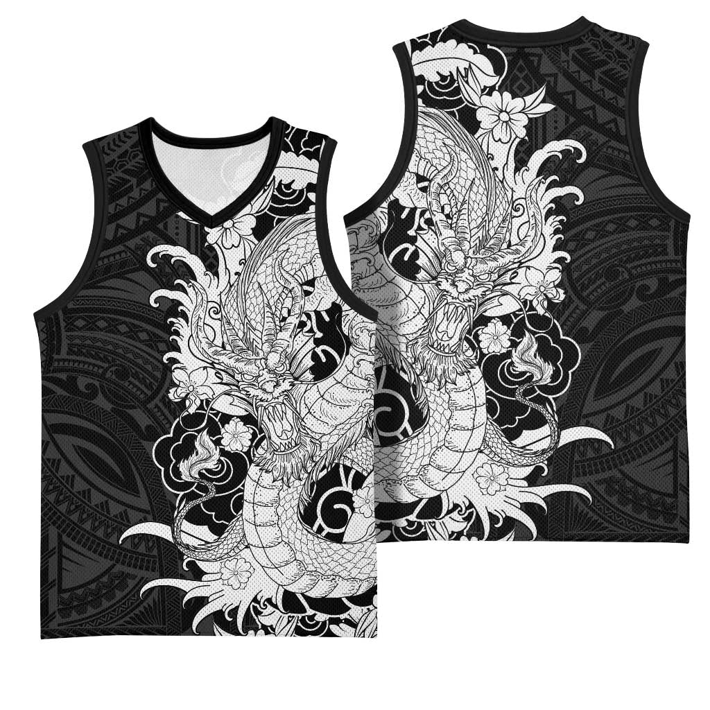 Hawaiian And Japanese Culture Basketball Jersey Irezumi Dragon With Polynesian Pattern Black - Polynesian Pride