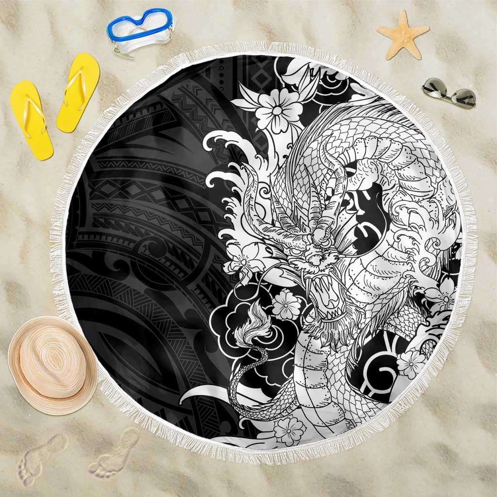Hawaiian And Japanese Culture Beach Blanket Irezumi Dragon With Polynesian Pattern Black - Polynesian Pride