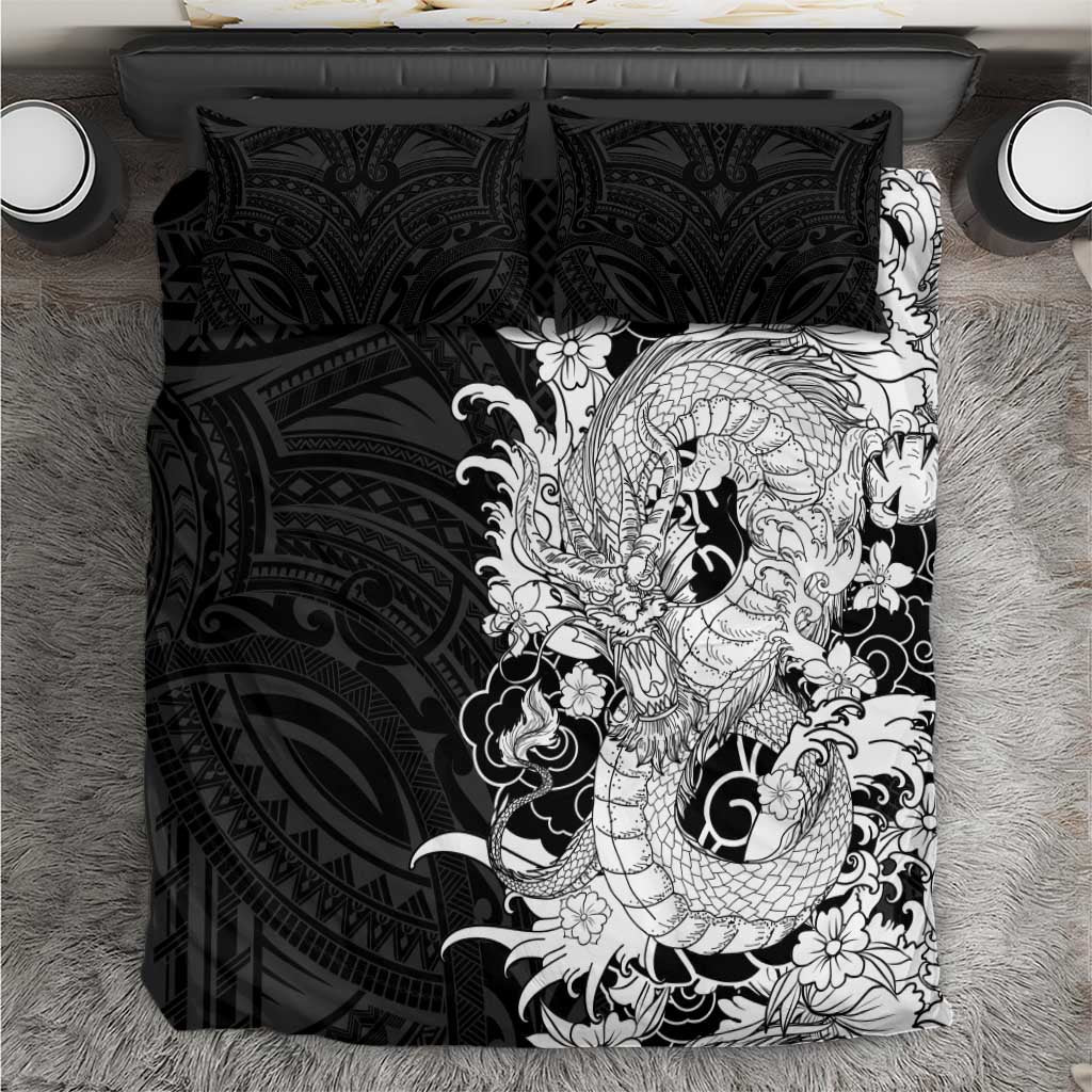 Hawaiian And Japanese Culture Bedding Set Irezumi Dragon With Polynesian Pattern Black - Polynesian Pride