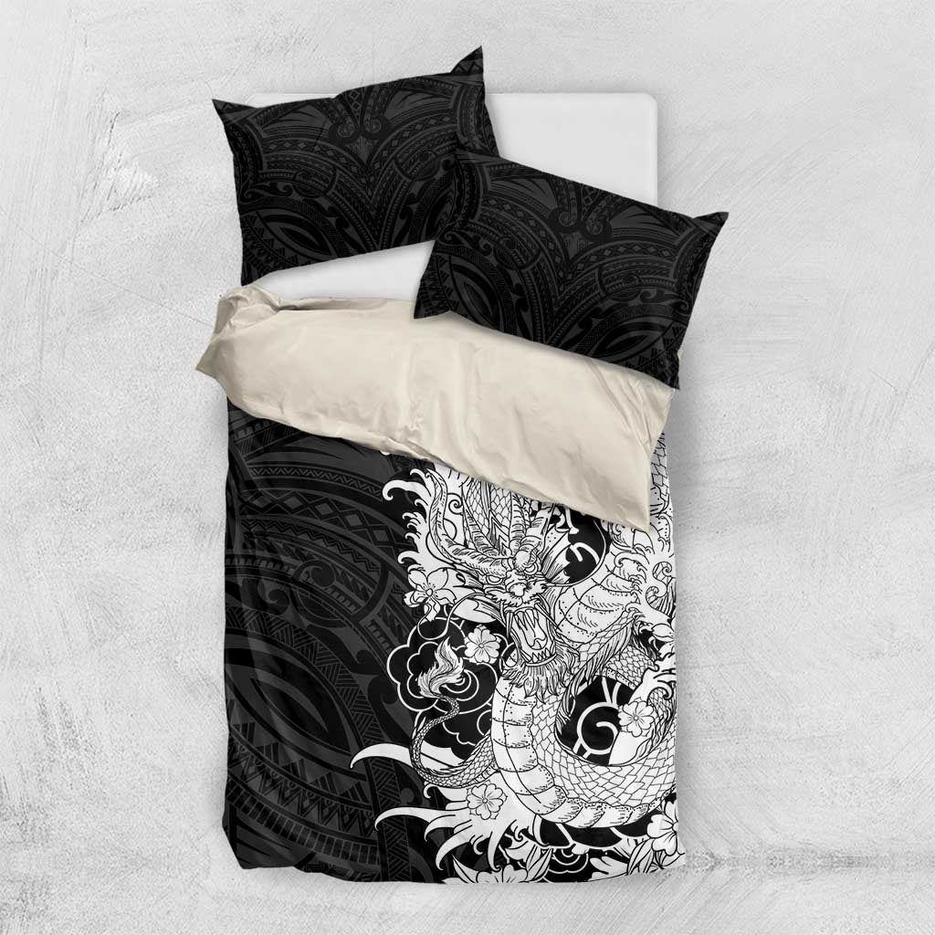 Hawaiian And Japanese Culture Bedding Set Irezumi Dragon With Polynesian Pattern Black - Polynesian Pride