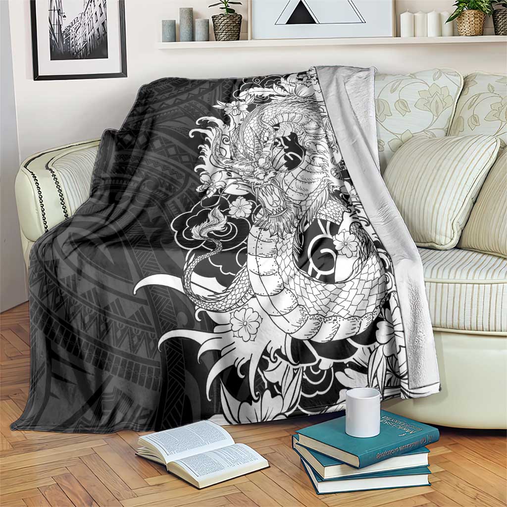 Hawaiian And Japanese Culture Blanket Irezumi Dragon With Polynesian Pattern Black LT05 Black - Polynesian Pride