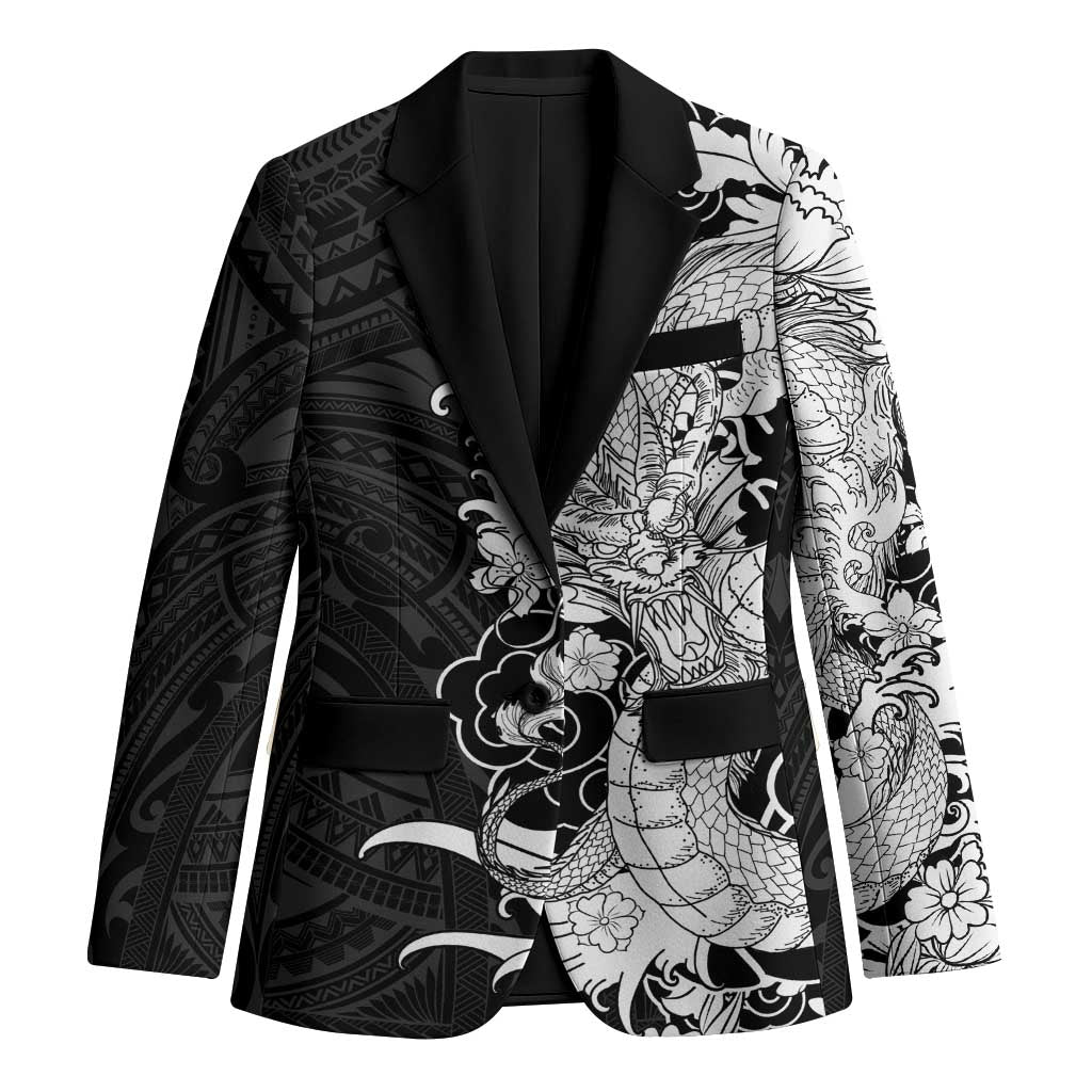 Hawaiian And Japanese Culture Blazer Irezumi Dragon With Polynesian Pattern Black - Polynesian Pride