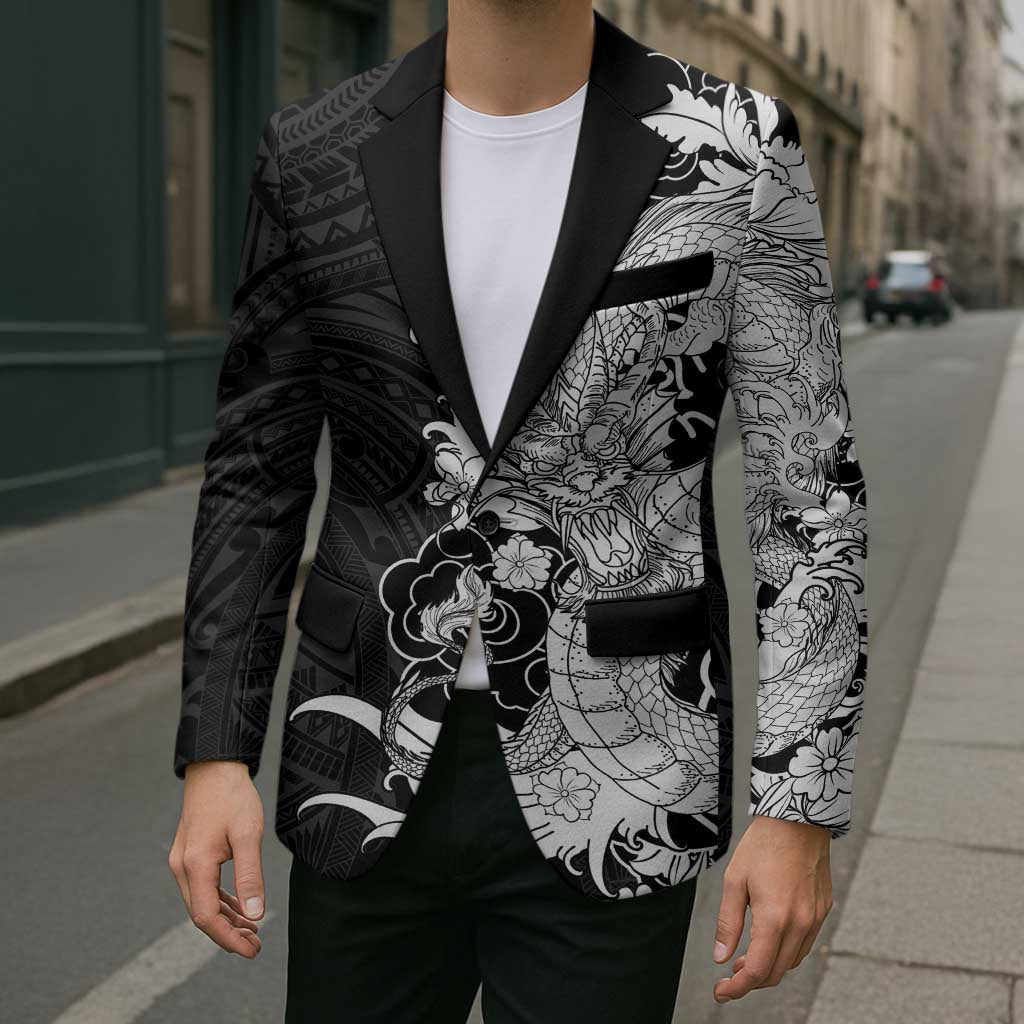 Hawaiian And Japanese Culture Blazer Irezumi Dragon With Polynesian Pattern Black - Polynesian Pride
