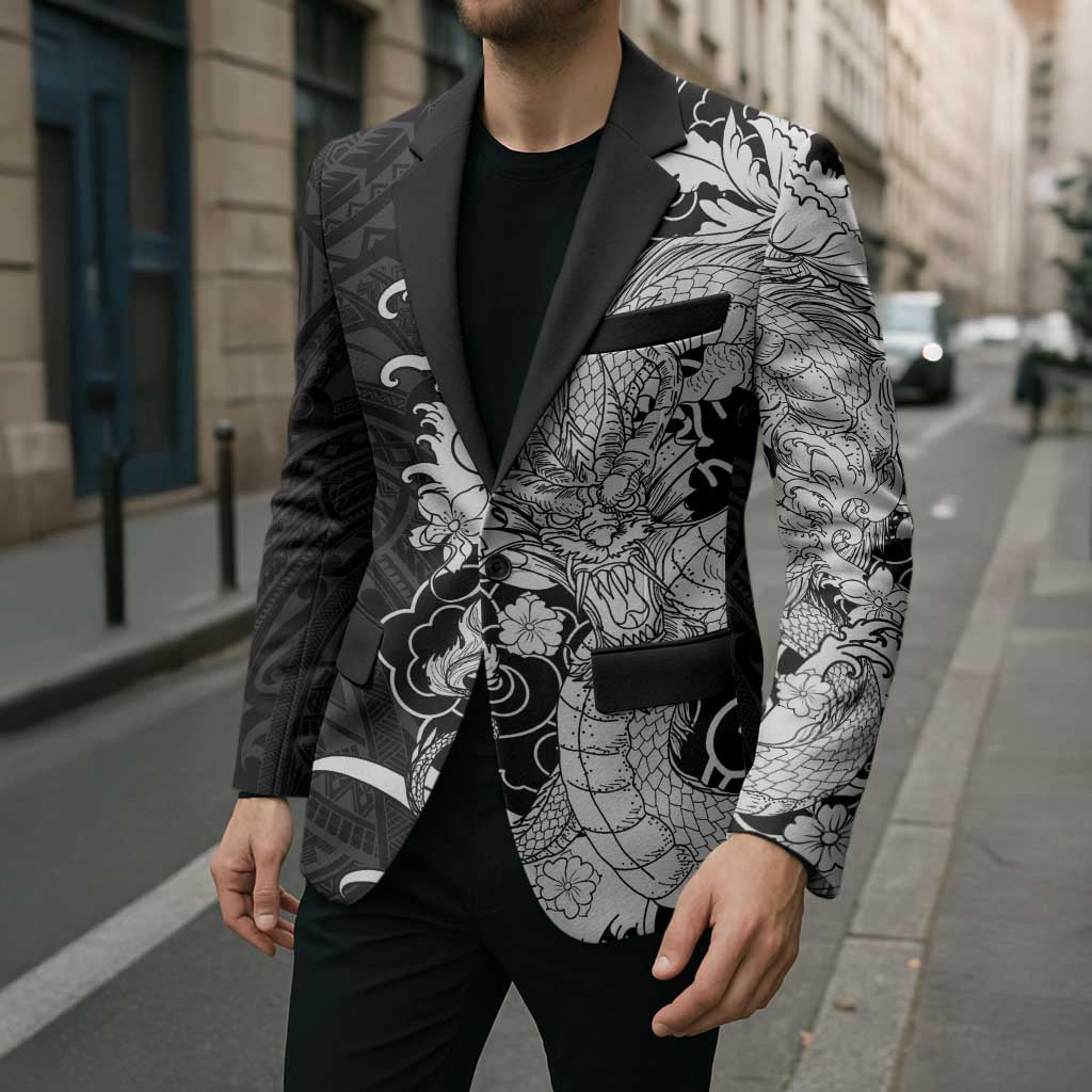 Hawaiian And Japanese Culture Blazer Irezumi Dragon With Polynesian Pattern Black - Polynesian Pride