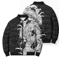 Hawaiian And Japanese Culture Bomber Puffer Jacket Irezumi Dragon With Polynesian Pattern Black - Polynesian Pride