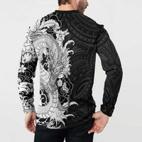 Hawaiian And Japanese Culture Button Sweatshirt Irezumi Dragon With Polynesian Pattern Black - Polynesian Pride