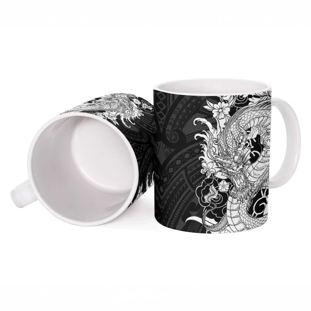 Hawaiian And Japanese Culture Ceramic Mug Irezumi Dragon With Polynesian Pattern Black - Polynesian Pride