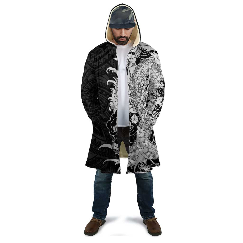 Hawaiian And Japanese Culture Cloak Irezumi Dragon With Polynesian Pattern Black - Polynesian Pride