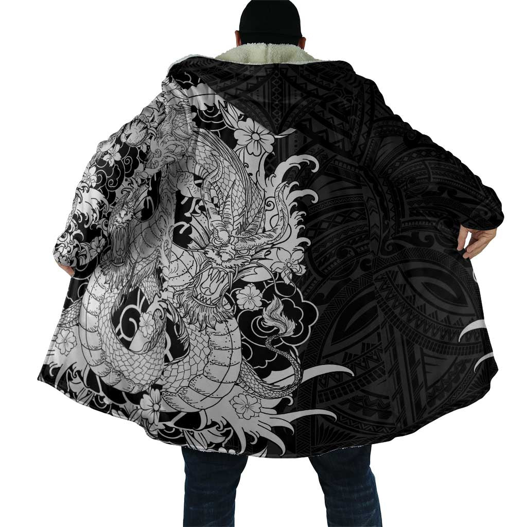 Hawaiian And Japanese Culture Cloak Irezumi Dragon With Polynesian Pattern Black - Polynesian Pride