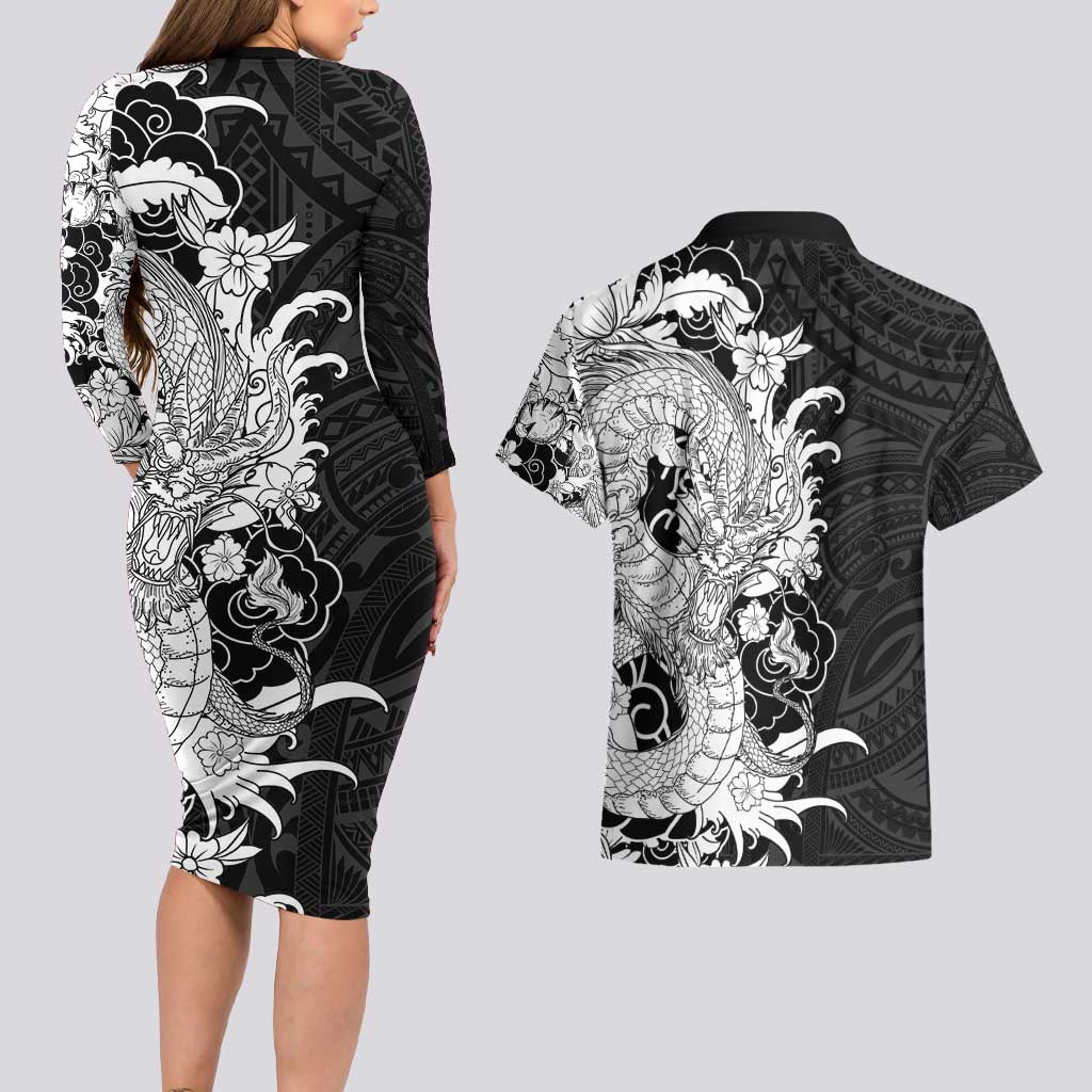 Hawaiian And Japanese Culture Couples Matching Long Sleeve Bodycon Dress and Hawaiian Shirt Irezumi Dragon With Polynesian Pattern Black - Polynesian Pride
