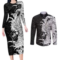 Hawaiian And Japanese Culture Couples Matching Long Sleeve Bodycon Dress and Long Sleeve Button Shirt Irezumi Dragon With Polynesian Pattern Black - Polynesian Pride