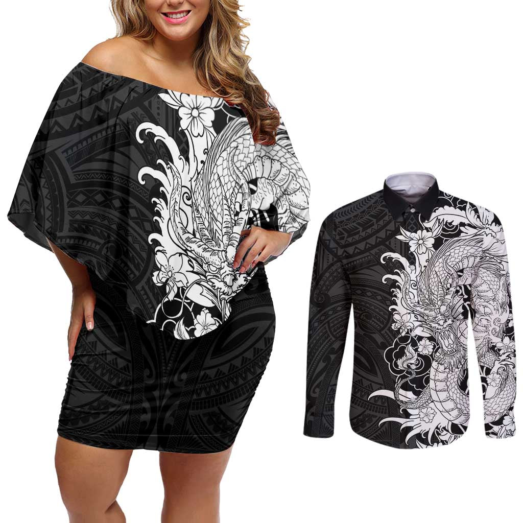 Hawaiian And Japanese Culture Couples Matching Off Shoulder Short Dress and Long Sleeve Button Shirt Irezumi Dragon With Polynesian Pattern Black - Polynesian Pride