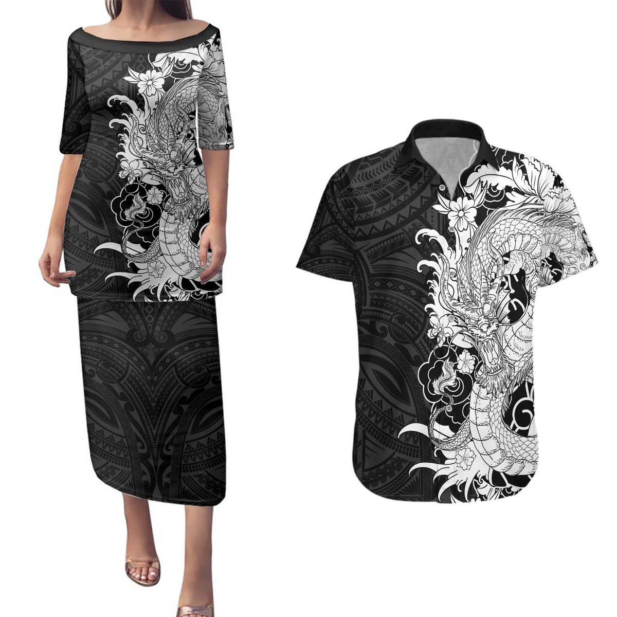 Hawaiian And Japanese Culture Couples Matching Puletasi and Hawaiian Shirt Irezumi Dragon With Polynesian Pattern Black - Polynesian Pride