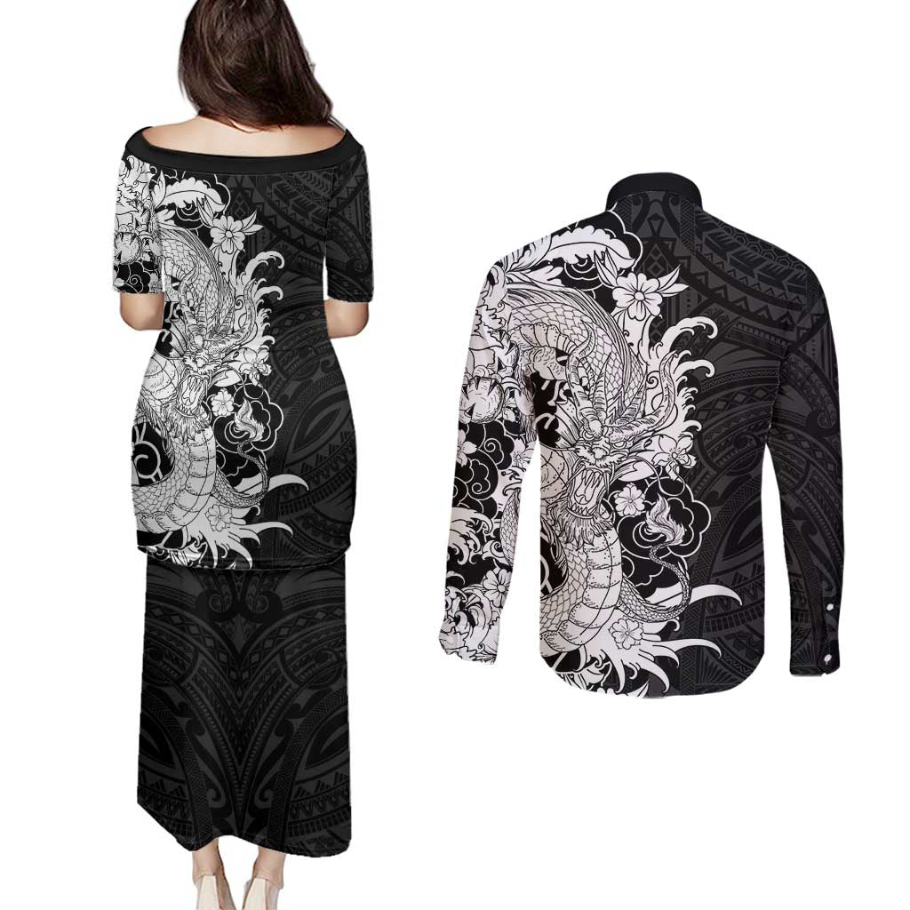 Hawaiian And Japanese Culture Couples Matching Puletasi and Long Sleeve Button Shirt Irezumi Dragon With Polynesian Pattern Black - Polynesian Pride