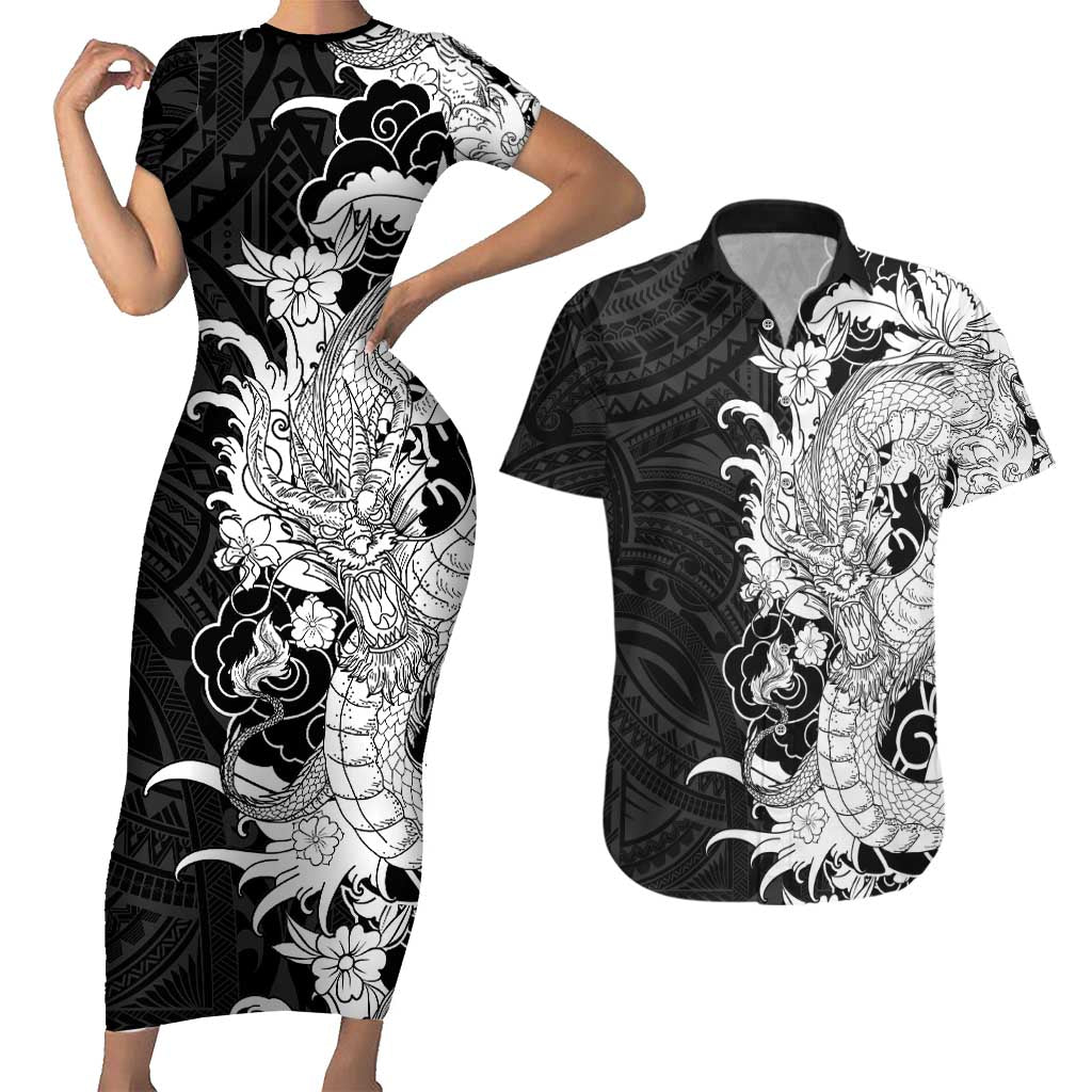 Hawaiian And Japanese Culture Couples Matching Short Sleeve Bodycon Dress and Hawaiian Shirt Irezumi Dragon With Polynesian Pattern Black LT05 Black - Polynesian Pride