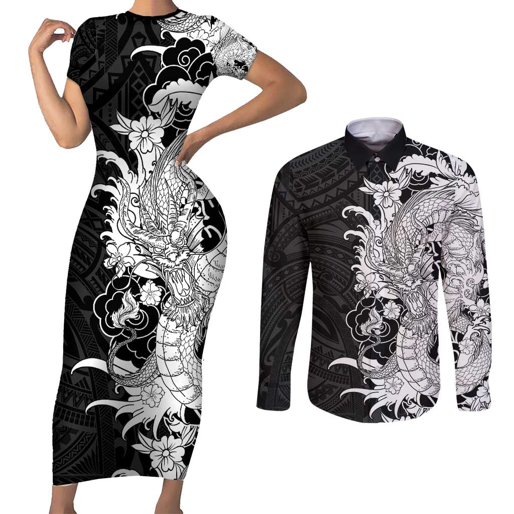 Hawaiian And Japanese Culture Couples Matching Short Sleeve Bodycon Dress and Long Sleeve Button Shirt Irezumi Dragon With Polynesian Pattern Black - Polynesian Pride