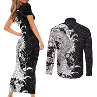 Hawaiian And Japanese Culture Couples Matching Short Sleeve Bodycon Dress and Long Sleeve Button Shirt Irezumi Dragon With Polynesian Pattern Black - Polynesian Pride