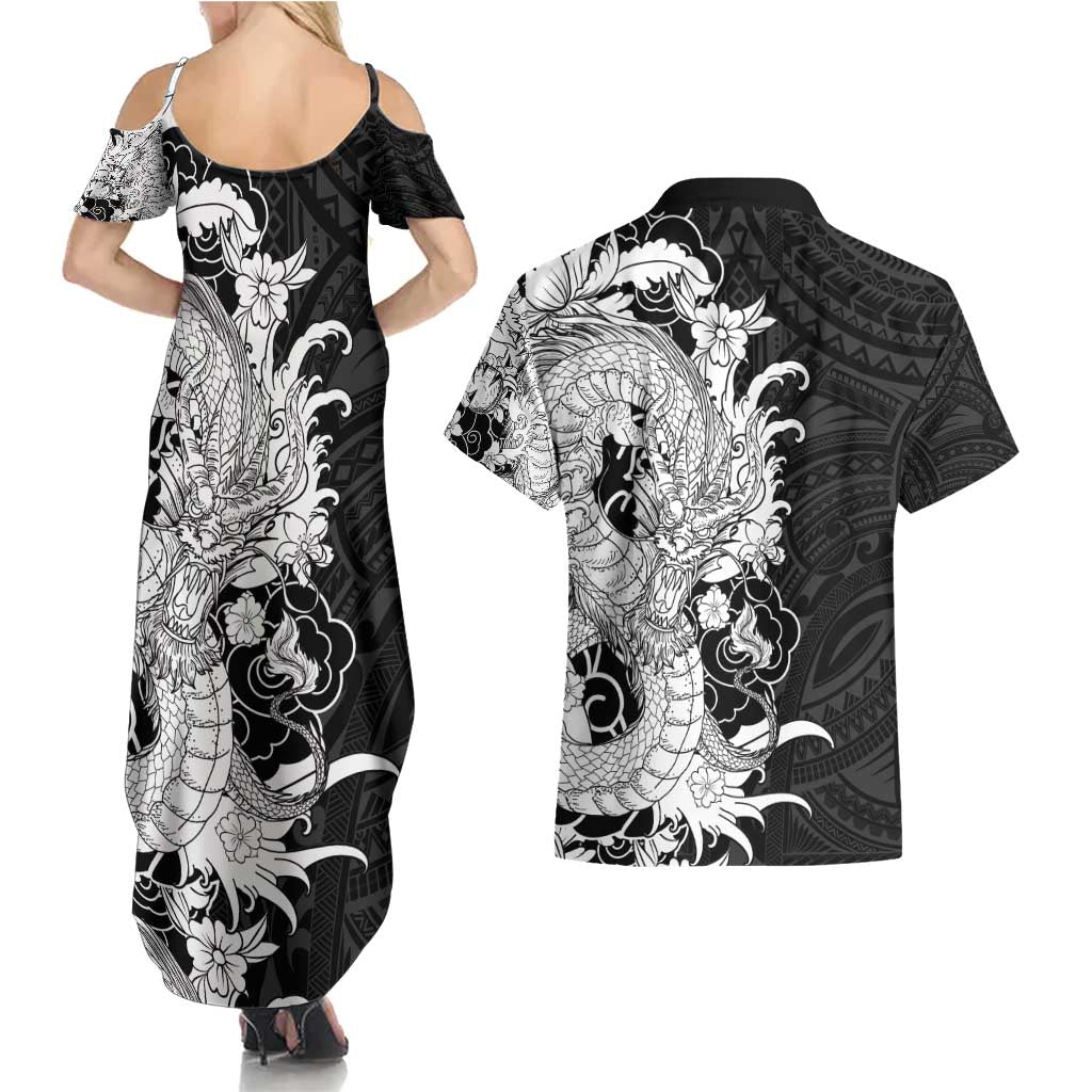 Hawaiian And Japanese Culture Couples Matching Summer Maxi Dress and Hawaiian Shirt Irezumi Dragon With Polynesian Pattern Black - Polynesian Pride