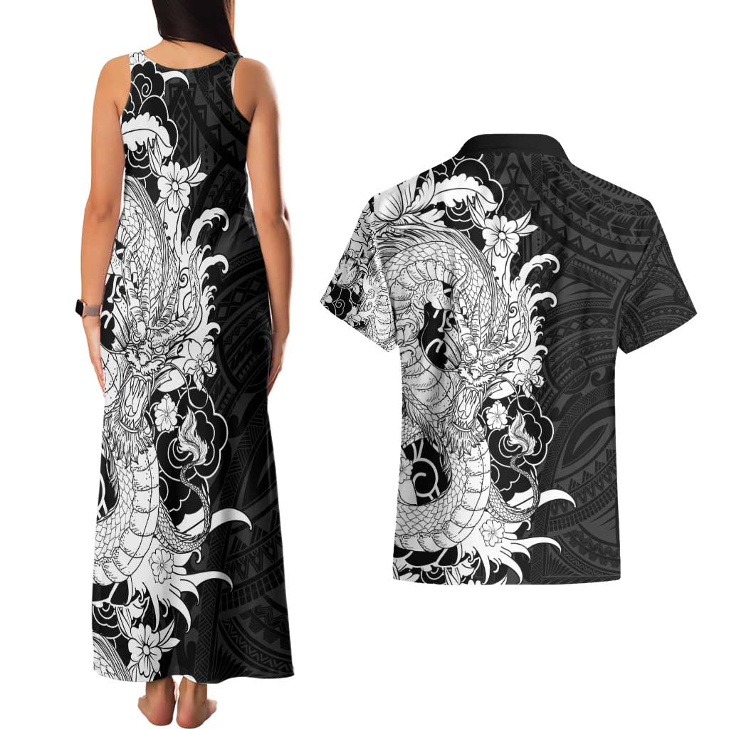 Hawaiian And Japanese Culture Couples Matching Tank Maxi Dress and Hawaiian Shirt Irezumi Dragon With Polynesian Pattern Black - Polynesian Pride