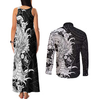 Hawaiian And Japanese Culture Couples Matching Tank Maxi Dress and Long Sleeve Button Shirt Irezumi Dragon With Polynesian Pattern Black - Polynesian Pride