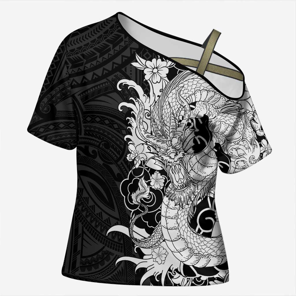 Hawaiian And Japanese Culture Cross Shoulder Shirt Irezumi Dragon With Polynesian Pattern Black LT05 Female Black - Polynesian Pride