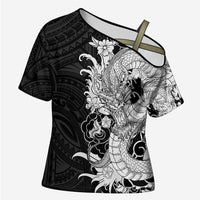 Hawaiian And Japanese Culture Cross Shoulder Shirt Irezumi Dragon With Polynesian Pattern Black - Polynesian Pride