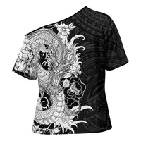 Hawaiian And Japanese Culture Cross Shoulder Shirt Irezumi Dragon With Polynesian Pattern Black - Polynesian Pride