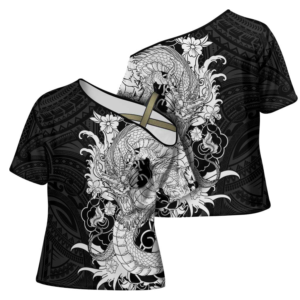 Hawaiian And Japanese Culture Cross Shoulder Shirt Irezumi Dragon With Polynesian Pattern Black - Polynesian Pride