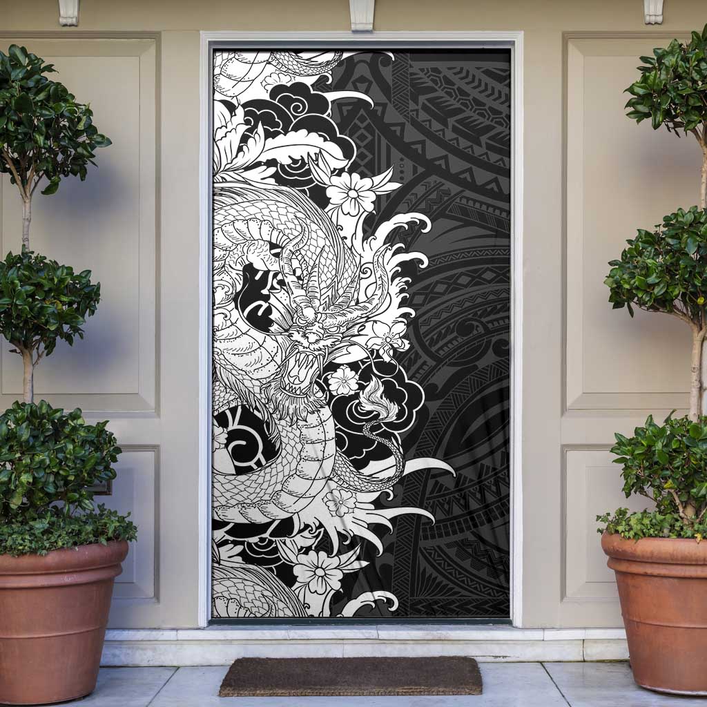 Hawaiian And Japanese Culture Door Cover Irezumi Dragon With Polynesian Pattern Black - Polynesian Pride