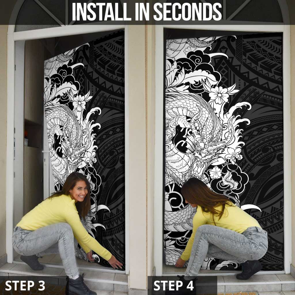 Hawaiian And Japanese Culture Door Cover Irezumi Dragon With Polynesian Pattern Black - Polynesian Pride