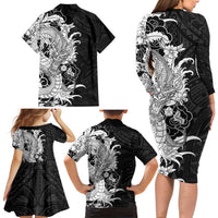 Hawaiian And Japanese Culture Family Matching Long Sleeve Bodycon Dress and Hawaiian Shirt Irezumi Dragon With Polynesian Pattern Black - Polynesian Pride