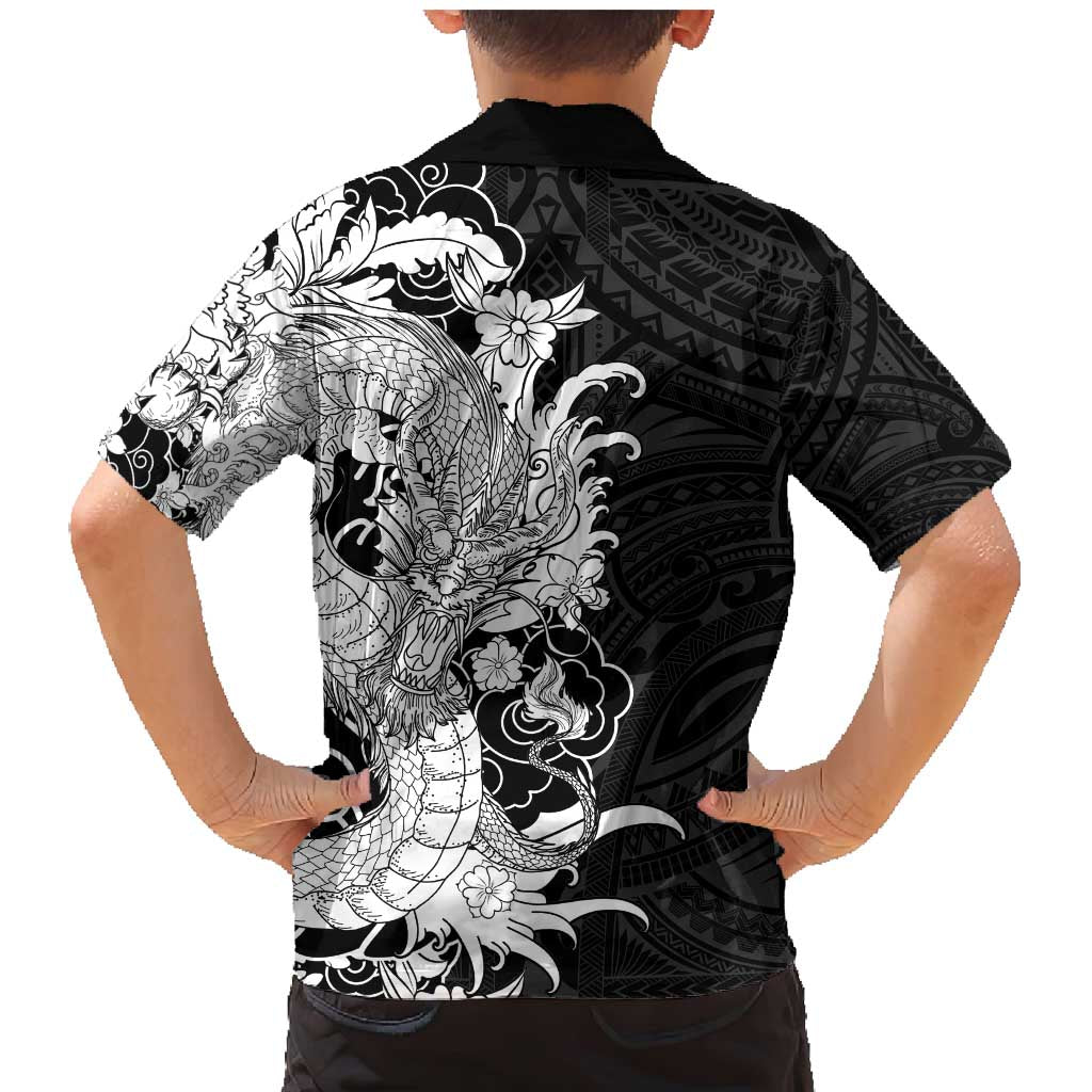 Hawaiian And Japanese Culture Family Matching Mermaid Dress and Hawaiian Shirt Irezumi Dragon With Polynesian Pattern Black - Polynesian Pride