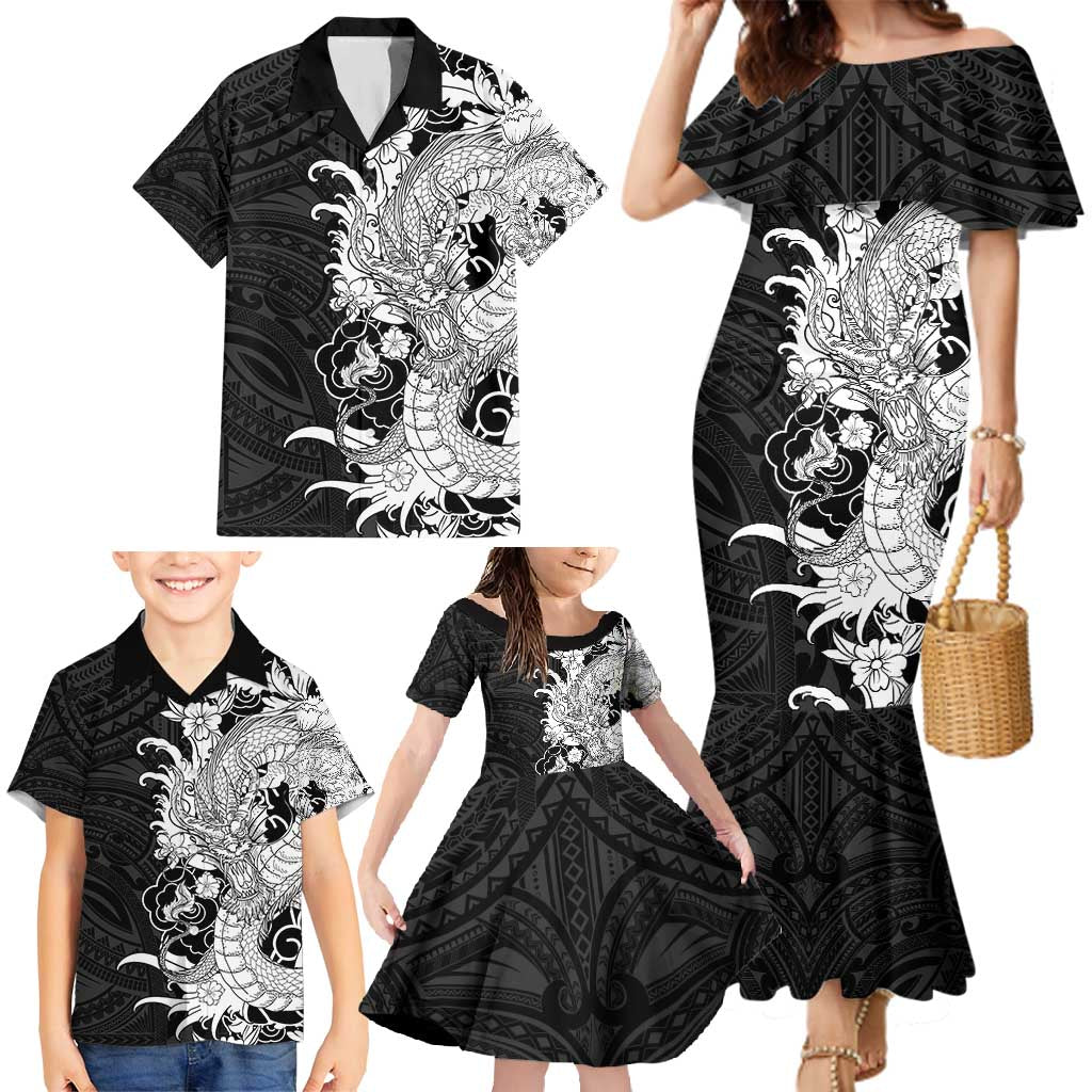 Hawaiian And Japanese Culture Family Matching Mermaid Dress and Hawaiian Shirt Irezumi Dragon With Polynesian Pattern Black - Polynesian Pride