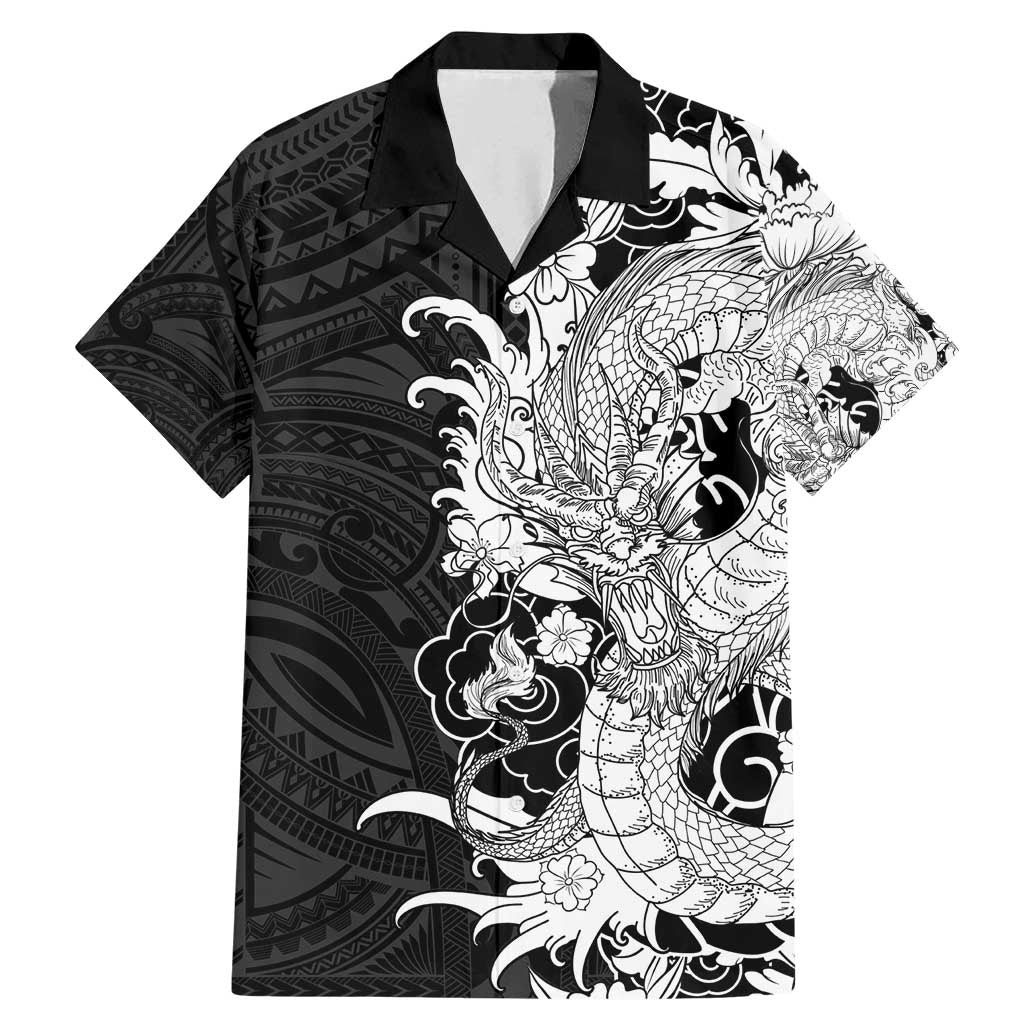 Hawaiian And Japanese Culture Family Matching Mermaid Dress and Hawaiian Shirt Irezumi Dragon With Polynesian Pattern Black - Polynesian Pride