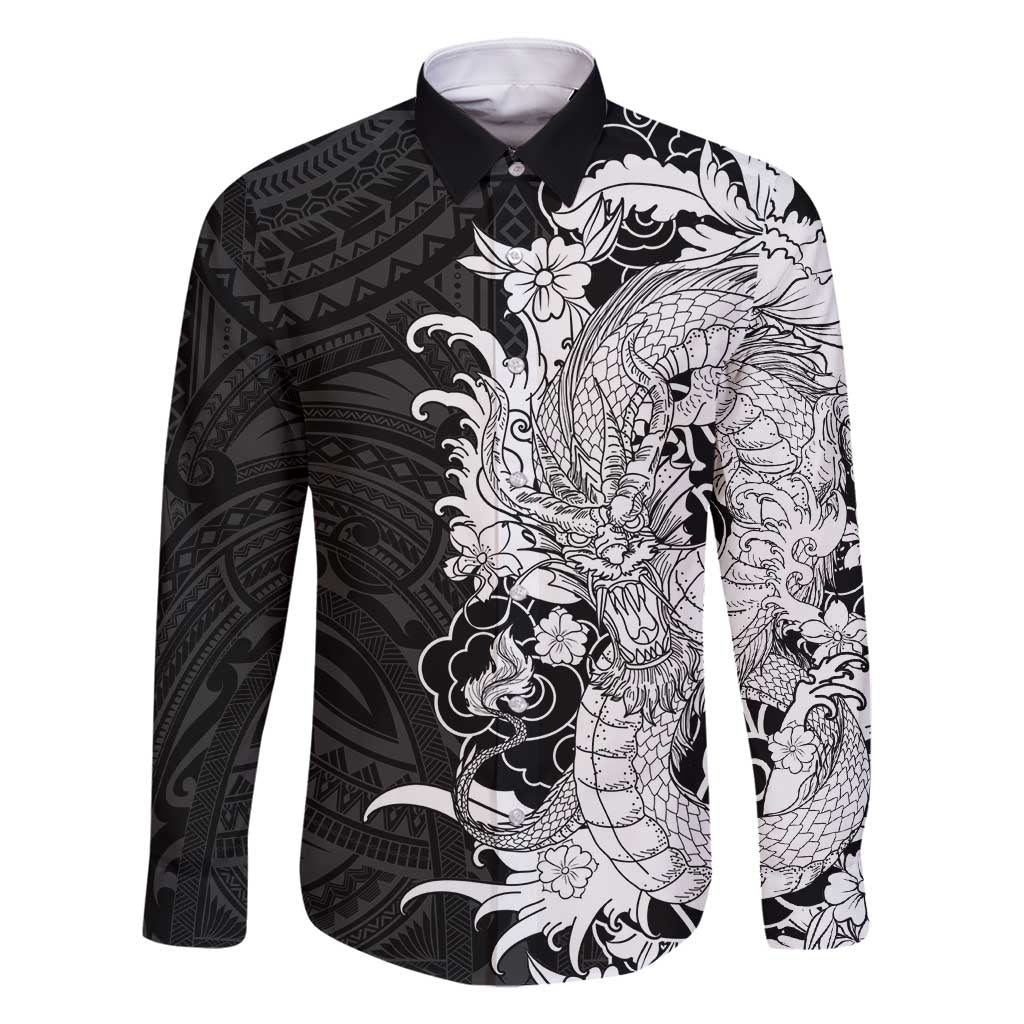 Hawaiian And Japanese Culture Family Matching Mermaid Dress and Hawaiian Shirt Irezumi Dragon With Polynesian Pattern Black - Polynesian Pride
