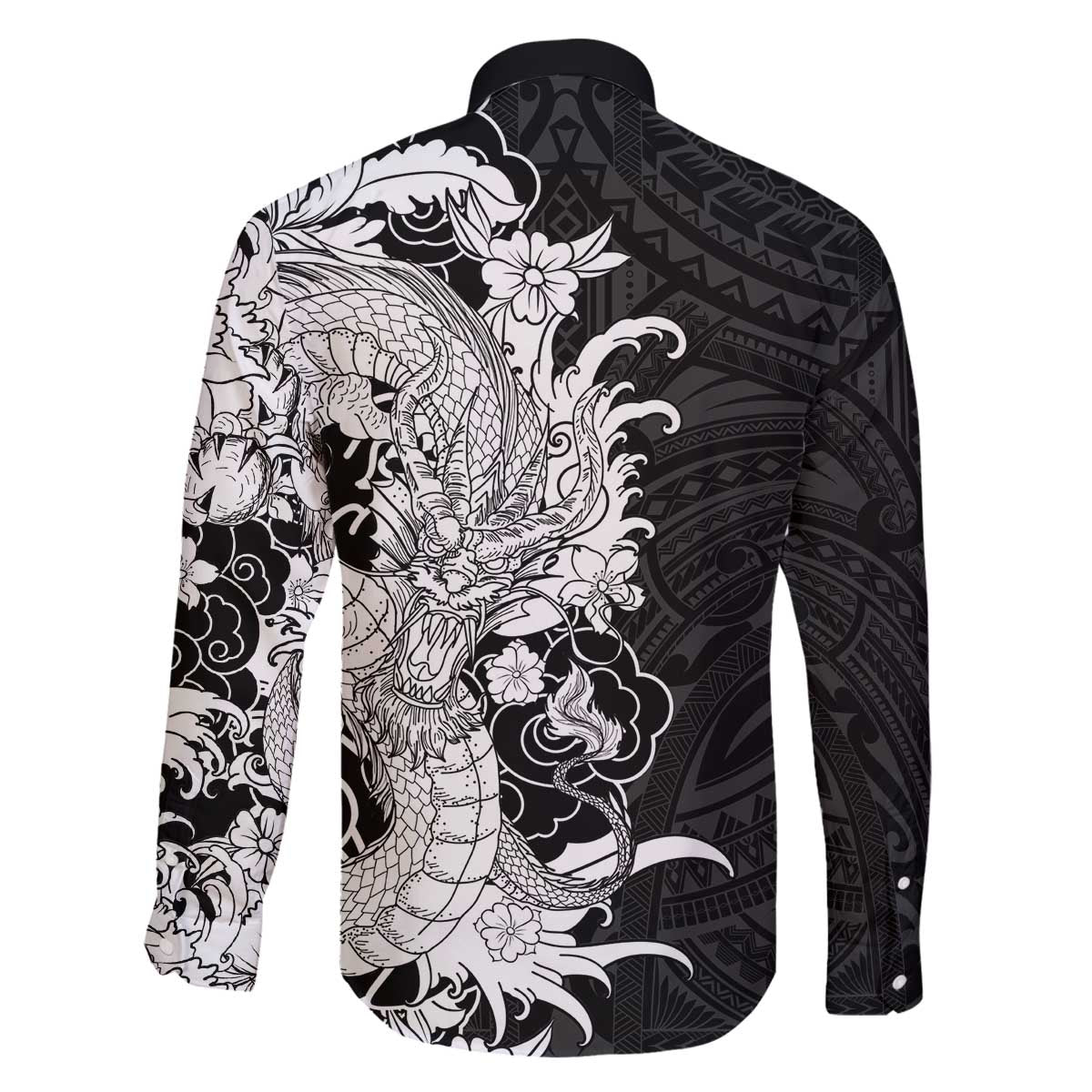 Hawaiian And Japanese Culture Family Matching Off The Shoulder Long Sleeve Dress and Hawaiian Shirt Irezumi Dragon With Polynesian Pattern Black - Polynesian Pride