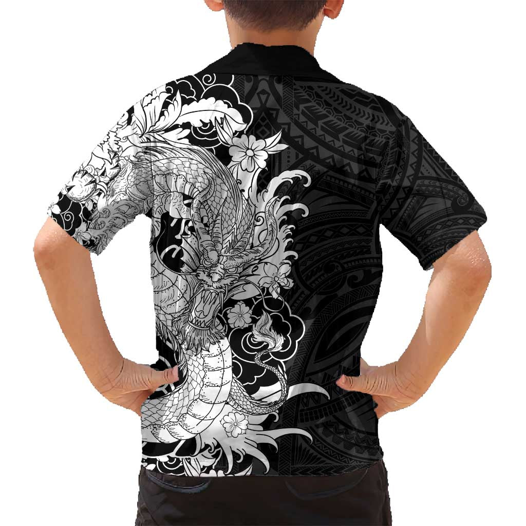 Hawaiian And Japanese Culture Family Matching Off Shoulder Maxi Dress and Hawaiian Shirt Irezumi Dragon With Polynesian Pattern Black - Polynesian Pride