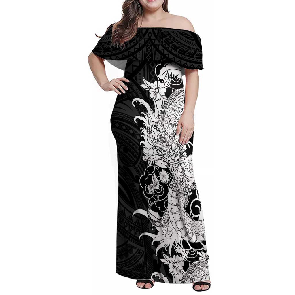 Hawaiian And Japanese Culture Family Matching Off Shoulder Maxi Dress and Hawaiian Shirt Irezumi Dragon With Polynesian Pattern Black - Polynesian Pride