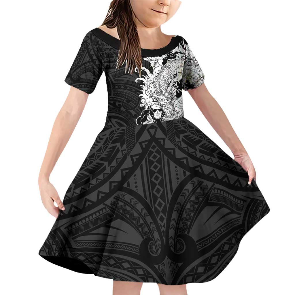 Hawaiian And Japanese Culture Family Matching Off Shoulder Short Dress and Hawaiian Shirt Irezumi Dragon With Polynesian Pattern Black - Polynesian Pride