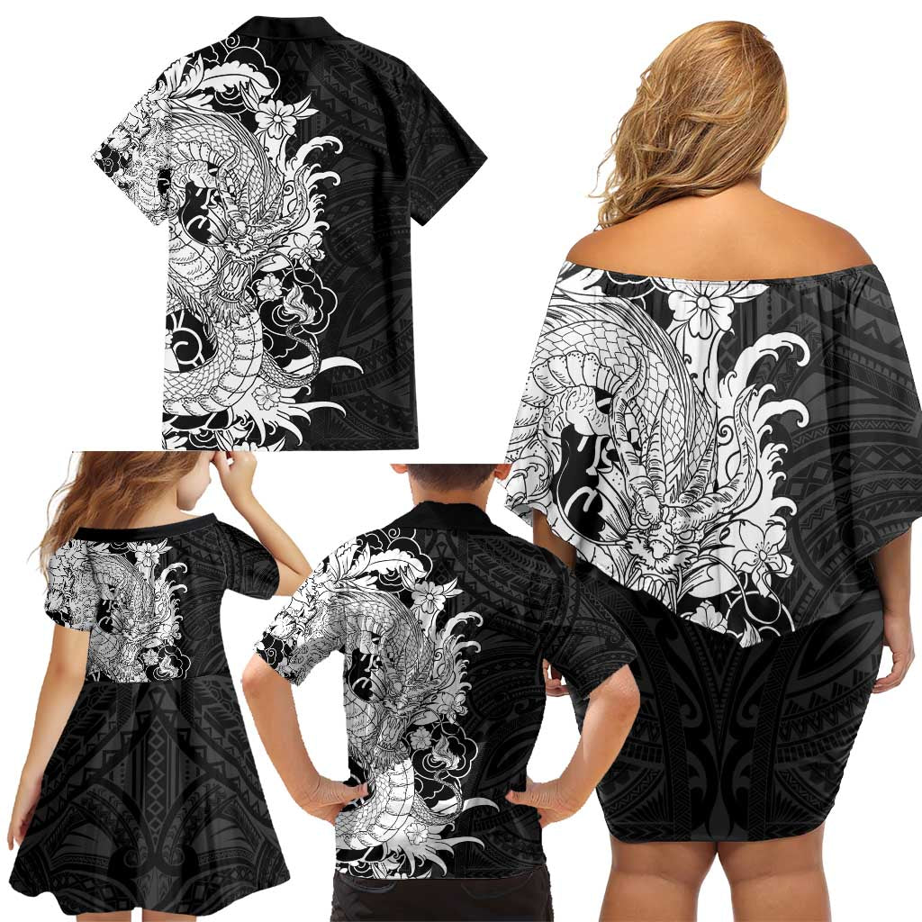 Hawaiian And Japanese Culture Family Matching Off Shoulder Short Dress and Hawaiian Shirt Irezumi Dragon With Polynesian Pattern Black - Polynesian Pride