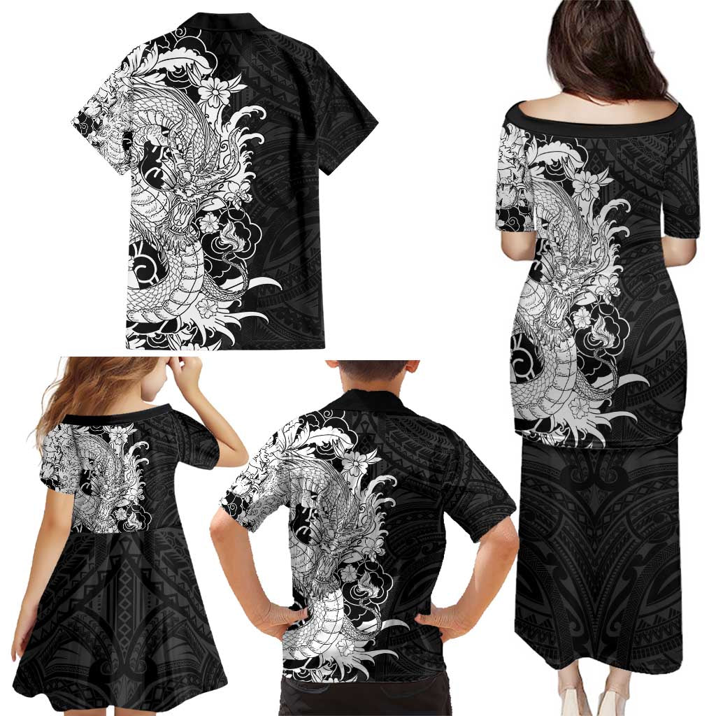 Hawaiian And Japanese Culture Family Matching Puletasi and Hawaiian Shirt Irezumi Dragon With Polynesian Pattern Black - Polynesian Pride